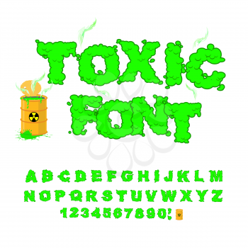 Toxic font. Green alphabet nuclear waste. Venomous acid alphabet. Yellow barrel with sign of radiation. Open container of radioactive waste
