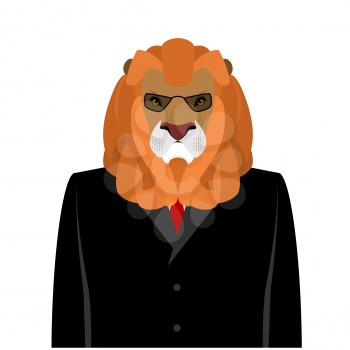 Lion businessman in black business suit. predator with Large mane. Ferocious wild beast Director animals. Serious animal with glasses. Leo aristocrat office worker
