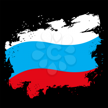 Russian flag grunge style on black background. Brush strokes and ink splatter. National symbol of Russian State
