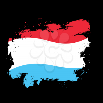 Luxembourg flag grunge style on black background. Brush strokes and ink splatter. National symbol of Luxembourgen State
