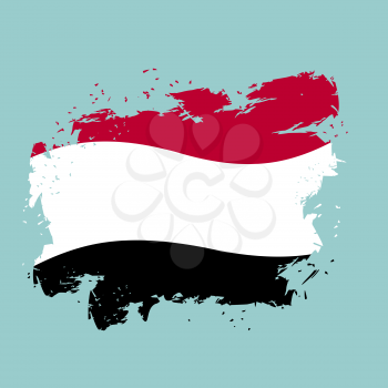 Yemen flag grunge style on blue background. Brush strokes and ink splatter. National symbol of Yemeni government
