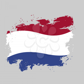 Netherlands Flag grunge style on gray background. Brush strokes and ink splatter. National symbol of Kingdom of Netherlands
