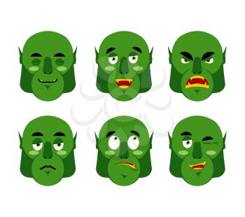 Emotions ogre. Set emoji expressions avatar green monster. Good and evil goblin. Discouraged and cheerful. Sad and sleepy. Aggressive and cute
