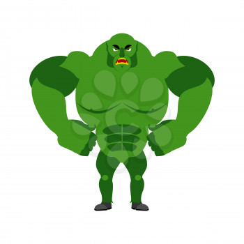 Angry ogre. Aggressive Green Troll on white background. Wild evil goblin. Large ferocious monster