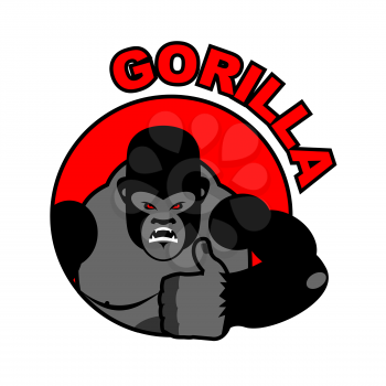 Gorilla shows well. Sign all right. Thumbs up. Hand showing ok. Gesture of hand. Angry Monkey with big muscles. Aggressive wild animal. Logo for sports team