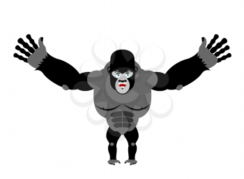 Cheerful gorilla spread his arms in an embrace. good big monkey. Jungle Wild animal
