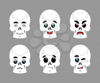 Emotions skull. Set expressions avatar skeleton. Good and evil dead. Discouraged and cheerful. Sad and sleepy. Aggressive and cute
