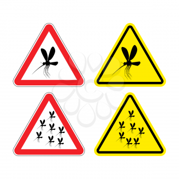 Warning sign attention mosquitoes. Hazard yellow sign Zika virus. flock of mosquitoes on red triangle. Swarm of mosquitoes. risk of malaria. Malaria mosquito road signs
