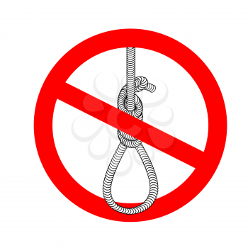 Stop gallows. It is forbidden to death by hanging. Crossed-loop executioner. Emblem against  death penalty. Red prohibition sign. Ban gallows. Loop of thick rope.