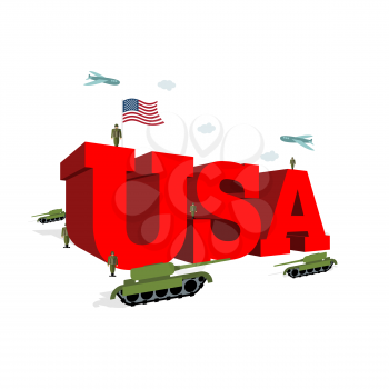 USA letters 3D. Patriotic artwork military in America. Soldiers welcomed give honor. Paper impregnated and soldiers. Planes fly over army. Volumetric letters. Flag of USA. Flag of America
