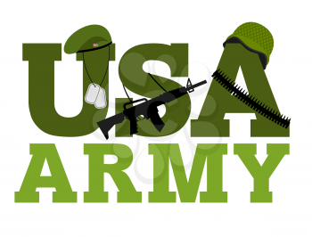 United States Army. Military text logo. American army. Green beret and protective soldiers helmet. Military Rifle and army badge. Bandolier. bandolier, ammunition belts
