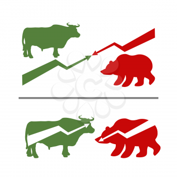 Bull and bear. Rise and fall of securities. Green Bull. Red bear. Confrontation between traders on stock exchange. Business illustration
