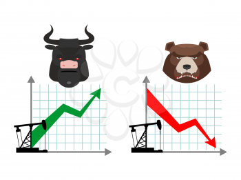 Bear and bull. Quotations of oil production. Oil rig. Depreciation of oil. Global rise in oil prices. Green up arrow. Traders bulls. Red down arrow traders bears
