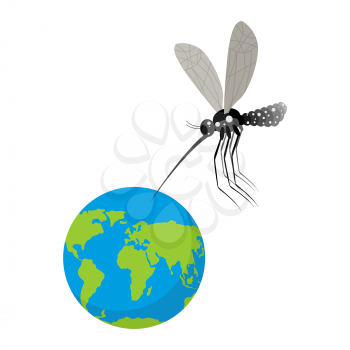 Mosquito and Earth. Zika virus mosquito attacked planet. Humanity is in danger. Epidemic is threat to people. Mosquito bites planet
