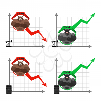 Business oil production graph. Oil rig. barrel of oil. Bull and bear. Set infographics for business projects. Red down arrow-drop. Green up arrow-increase