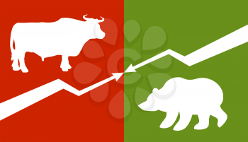 Bull and bear. Traders at stock exchange. Business allegory. Fall and rise of quotations. Down arrow and up arrow. Business characters. Green Zone and red zone on stock exchange
