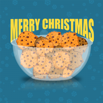 Happy Christmas. Bowl and cookie. Sweets on glass plate. Traditional treat for New Year. Oat cookies festive food
