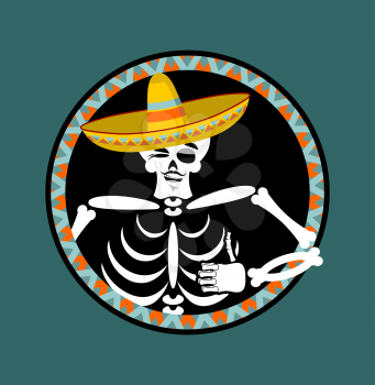skeletons and sombrero. Day of the Dead. Multi-colored skull in Mexican hat. Emblem for National Holiday in Mexico. Illustration Ethnic feast

