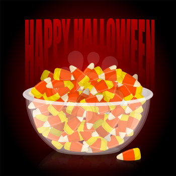 Happy Halloween. bowl and candy corn. Sweets on plate. Traditional treat for terrible holiday.
