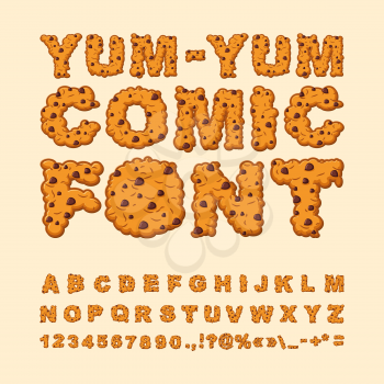 Yum Yum comic font. Letters of cookies. Biscuits with chocolate Drops alphabet. Food lettering. Edible typography. Baking ABC. Crackers and oatmeal pastry

