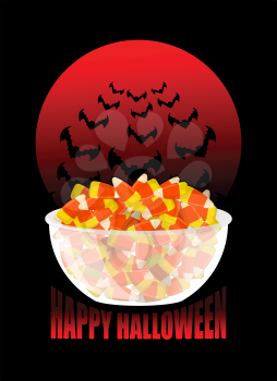  Happy Halloween. bowl and candy corn. Moon and bat. Sweets on plate. Traditional treat for terrible holiday.
