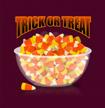 Trick or treat. Halloween illustration. bowl and candy corn. Sweets on plate. Traditional treat for terrible holiday.
