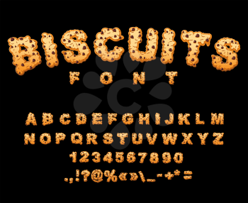 Biscuits font. Cookies with chocolate Drops alphabet. Letters of cookie. Food lettering. Edible typography. Baking ABC. Crackers and oatmeal pastry

