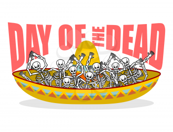 Day of the Dead skeletons and sombrero. Multi-colored skull in Mexican hat. Emblem for National Holiday in Mexico. Illustration Ethnic feast

