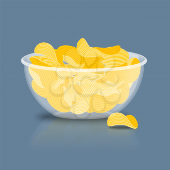 Potato Chips in bowl. Fried potatoes in deep transparent plate. delicious yellow snack
