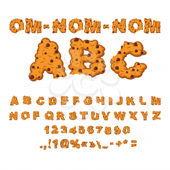 Om nom nom ABC. Cookies font. Biscuits with chocolate Drops alphabet. Letters of cookie. Food lettering. Edible typography. Crackers and oatmeal pastry

