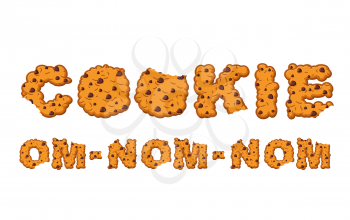 Om nom nom cookie Typography. Letters of biscuit. lettring of cookies. Edible cracker text
