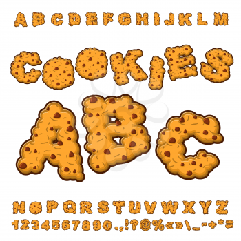 Cookies font. Food lettering. Edible typography. Baking ABC. Crackers and oatmeal pastry. Biscuits with chocolate Drops alphabet. Letters of cookie

