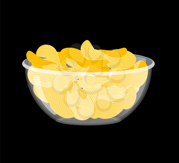 Potato Chips in bowl. Fried potatoes in deep transparent plate. delicious yellow snack

