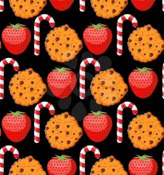 Sweet pattern. Cookies and mint stick ornament. Strawberry background. Peppermint Christmas candy. Dessert texture
