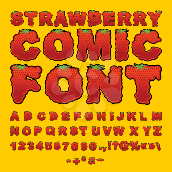 Strawberry comic font. Berry ABC. Red fresh fruit alphabet. Letters from bright red fetus

