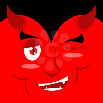 Devil winks. It suggests emotion on red background. Demon makes warning. Satan warns. Mephistopheles Prince of darkness and underworld. Lucifer boss with horns. Religious and mythological character, s