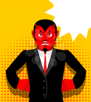 Angry devil. Satan is not happy. Angry red Demon. Lucifer is furious. Lord of Hell in pop art style. Bubble for text