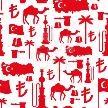 Turkey symbols seamless pattern. Turkish national ornament. State traditional background. Map and flag of country. Turk and Turkish lira sign. Camels and palm trees. Fez and hookah. National Patriotic