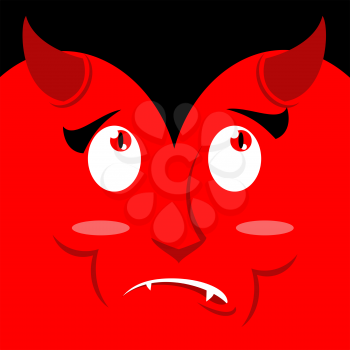 Surprised face of devil on red background. Discouragement demon emotion. Satan in confusion. Pitifully features. Perplexed Lucifer, Prince of Darkness
