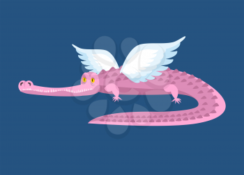 Pink crocodile with wings. Fantastic animal. Good Fairy alligator. Flying border.

