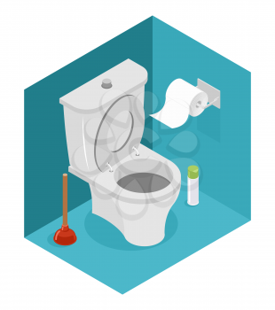 Toilet isometrics. White toilet and plunger. Roll of toilet paper and air freshener. Interior of restroom.  