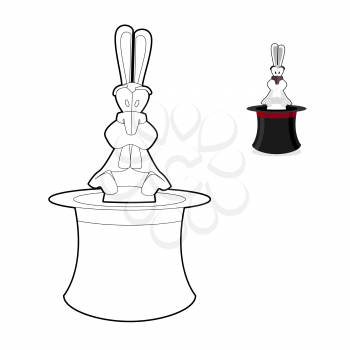 Rabbit in magician hat coloring book. Focus in linear style. Accessory magician. White Hare in illusionist cap. Focus cylinder isolated on white background
