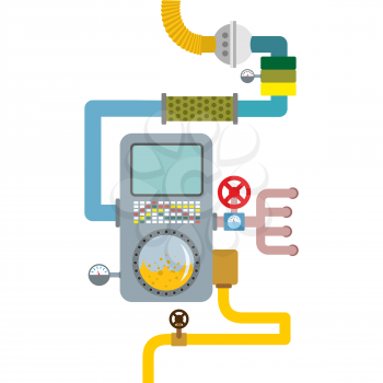 Processing system. working mechanism. Valves and pipes. Sensors and tank. Device with screen and tubes

