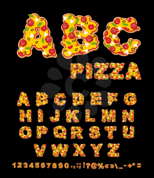 ABC Pizza. Appetizing letters from fast food. Edible font of traditional Italian food. Tasty Alphabet. Tomatoes and fresh herbs. Piece of salami and white mushrooms