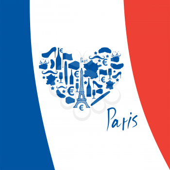 I Love Paris. Traditional French national set of icons in form of heart. Eiffel Tower and croissant. French flag and map. Wine and cheese. Fashion and baguette. Dorblu with mold and euro symbol. Tradi