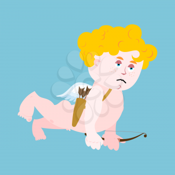 Sad Cupid with bow. unhappy emotion. tragic cute little angel. Good baby with wings to Valentines Day. Arrow of Love. Tired Angel of Love with golden curly hair. Illustration for 14 February
