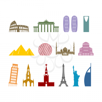 Landmark travel set. Architectural monuments. Known state of building. Eiffel Tower, and Moscow Kremlin. Leaning Tower and Statue of Liberty in USA. Egyptian pyramids and Roman Colosseum. mosque Abu D