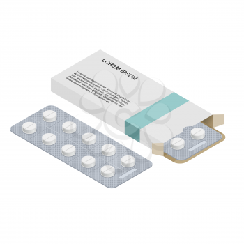 Medical pills in pack. Medications isometrics. Healing in cardboard box. Health pilule. vitamins