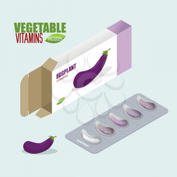 Eggplant vitamins. Vegetarian pills. Tablets in pack. Natural products for health in the form of fresh aubergine. Medicament vegetable. Medical drugs.
