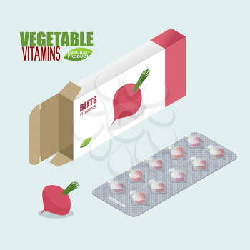 Beet vitamins. Vegetarian pills. Tablets in pack. Natural products for health inform of fresh beets. Medicament vegetable. Medical drugs.